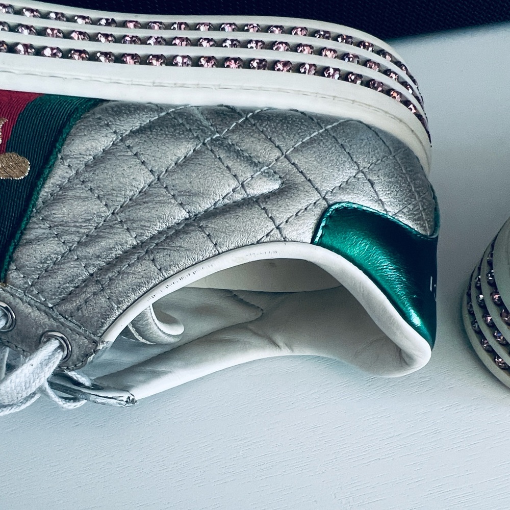 Gucci Silver Quilted Leather Bee Web Ace Crystal Embellished Platform Sneakers - Picture 14 of 16